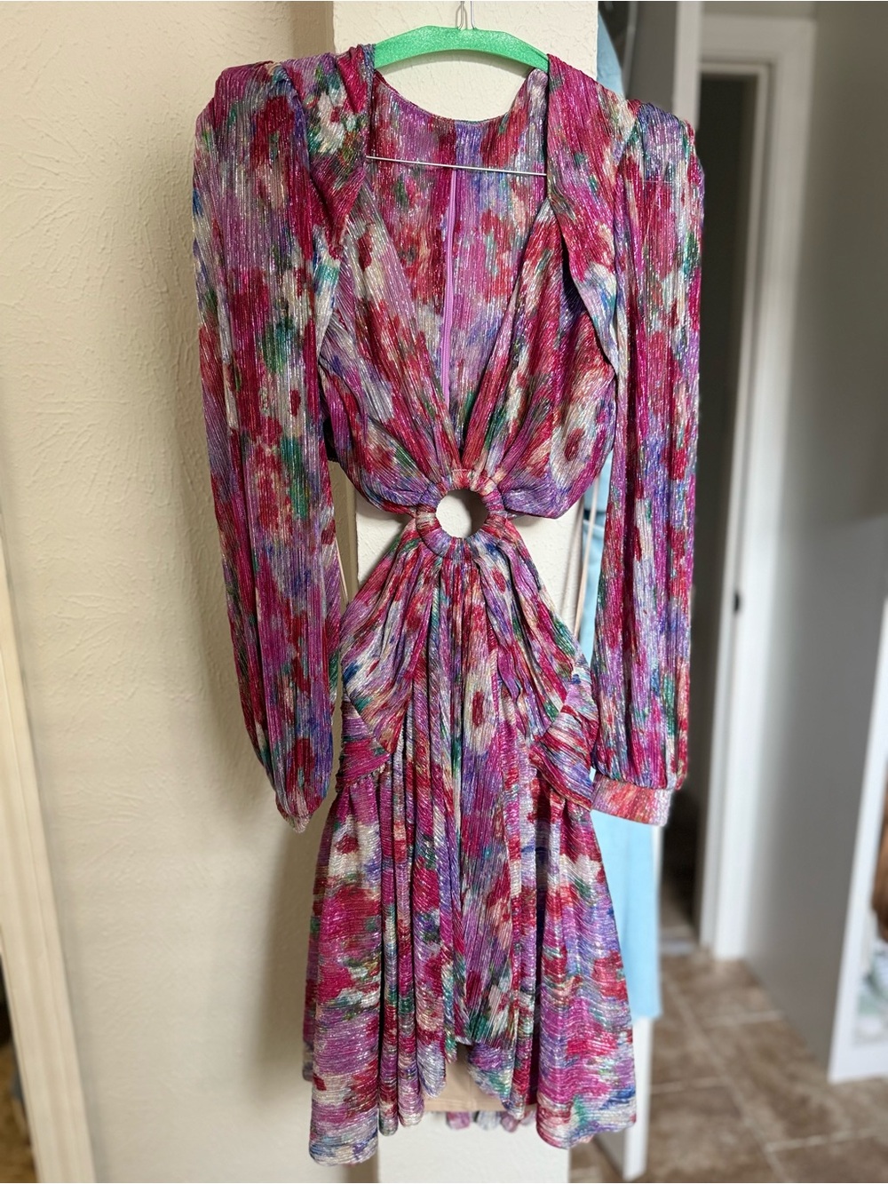 PatBO Multicolor Pink Floral Cutout Long Sleeve Midi Dress with Ring Detail